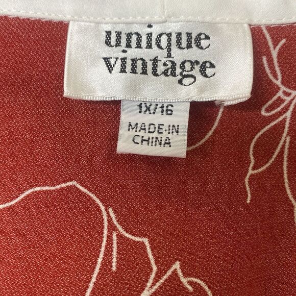 Unique Vintage Women's Top Red Floaral Button Up  Tie Neck Blouse Size 16 1X - Picture 6 of 7